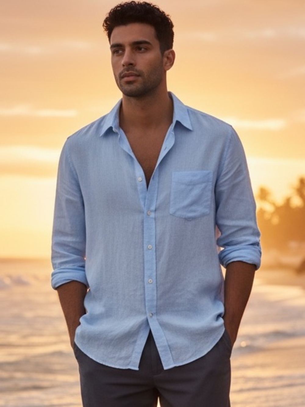 120% Lino Light Blue Button Down Collaredโ Shirt